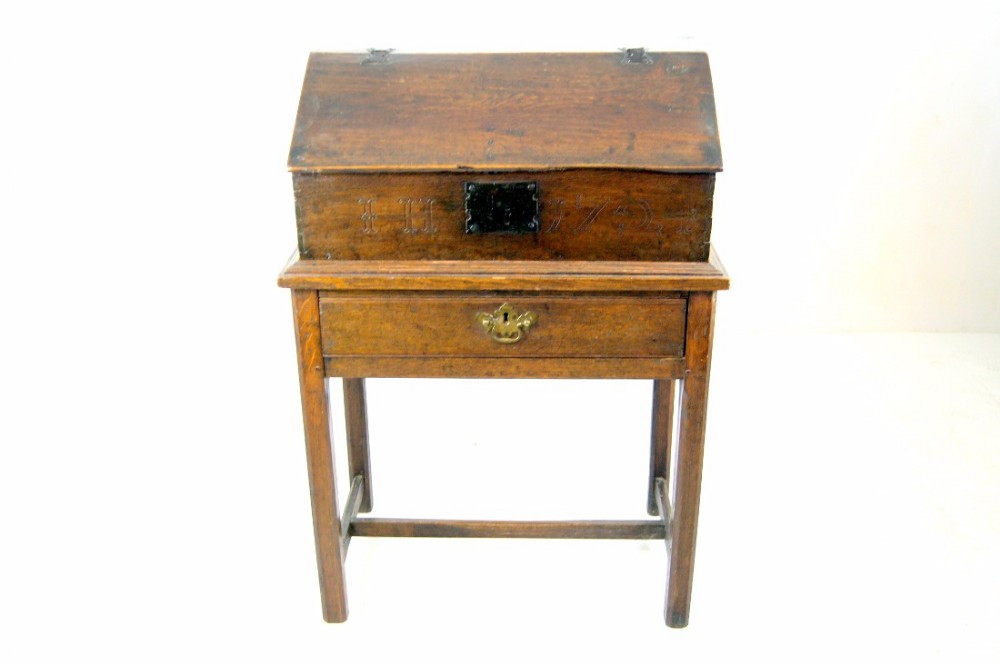 early 18th century oak bible box on stand