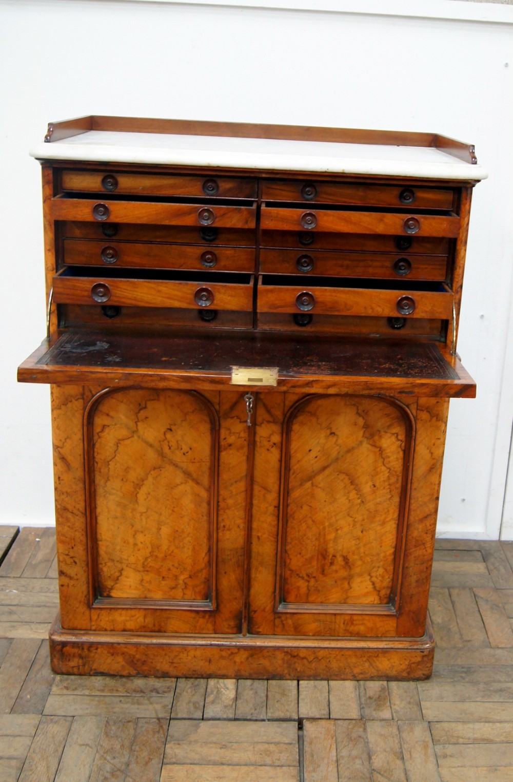 an exceptional victorian burr walnut marble top collectorsdentist cabinet