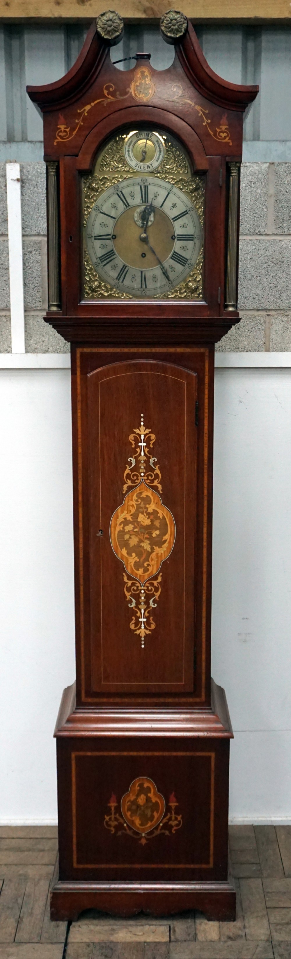 a good 3 train inlaid edwardian mahogany grandfather clock