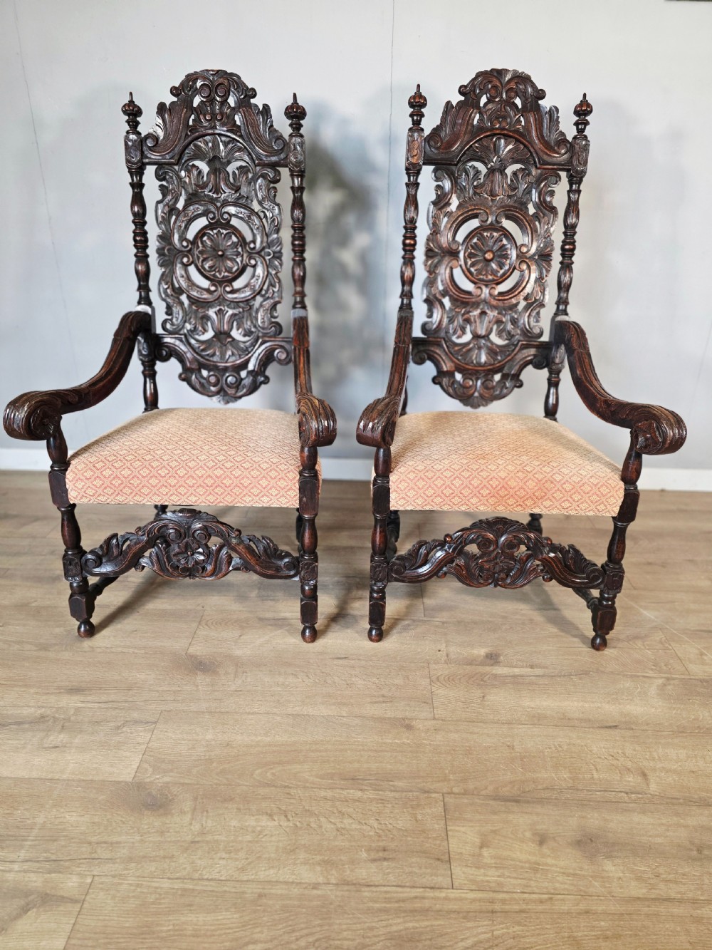 1890 pair of victorian oak jacobean rivival armchairs
