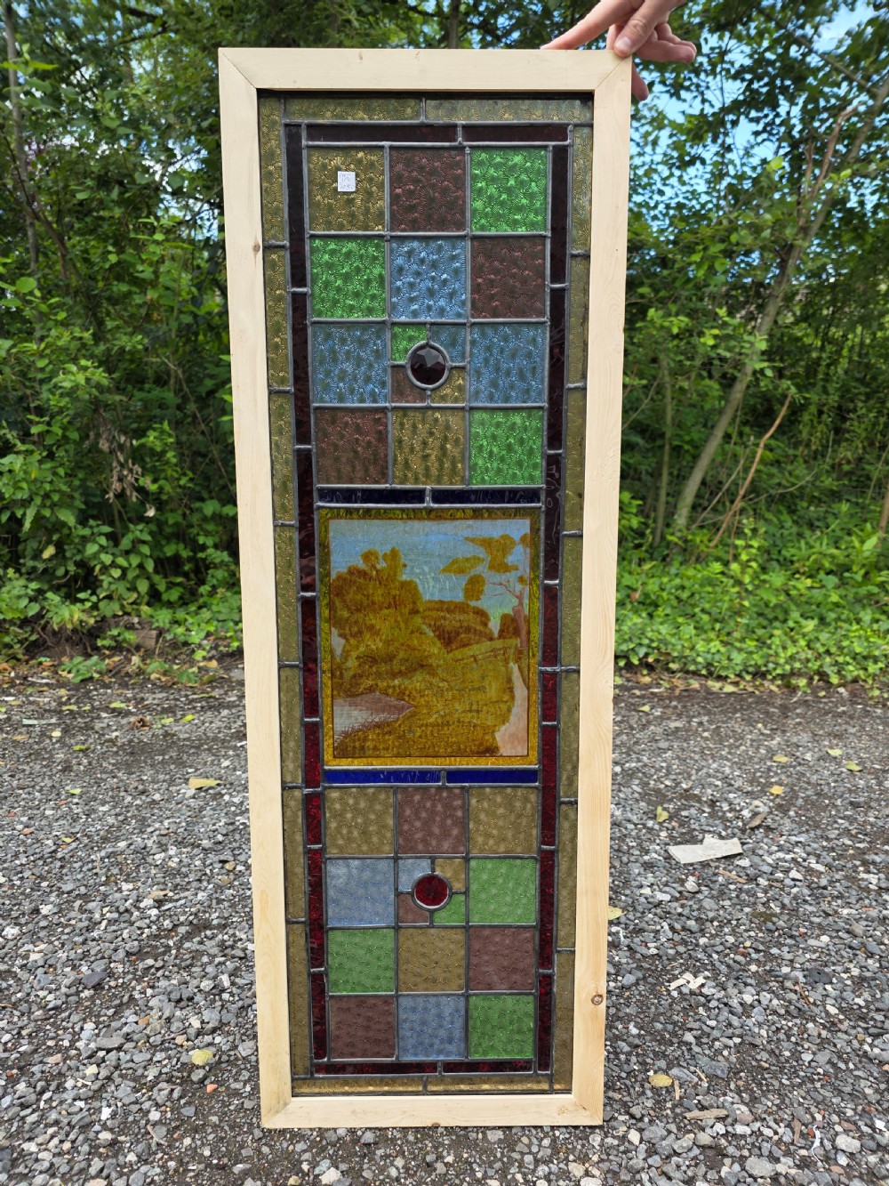 1900 antique leaded glass window with hand painted countryside scene