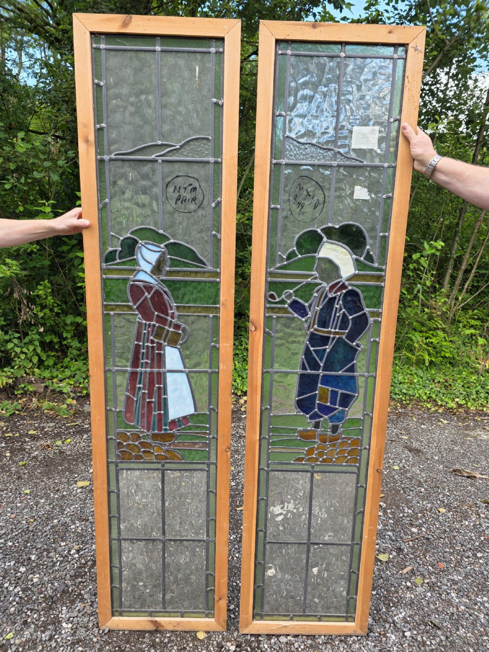 1930 antique leaded glass window with dutch boy and girl design
