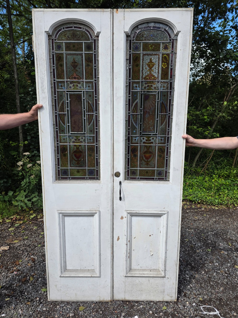 1880 pair of victorian doors with hand painted glass