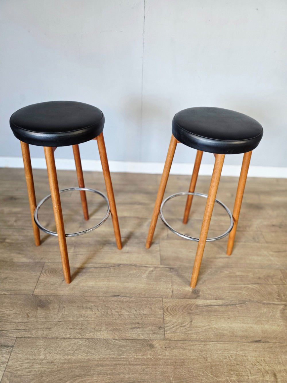 1970s pair of danish midcentury teak and chrome bar stools