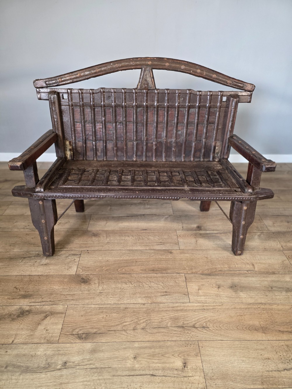 early 20th century indian teak and blacksmith iron work bench