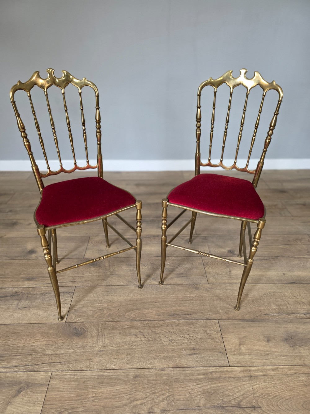 pair of 1950s italian chiavari brass and red velvet chairs