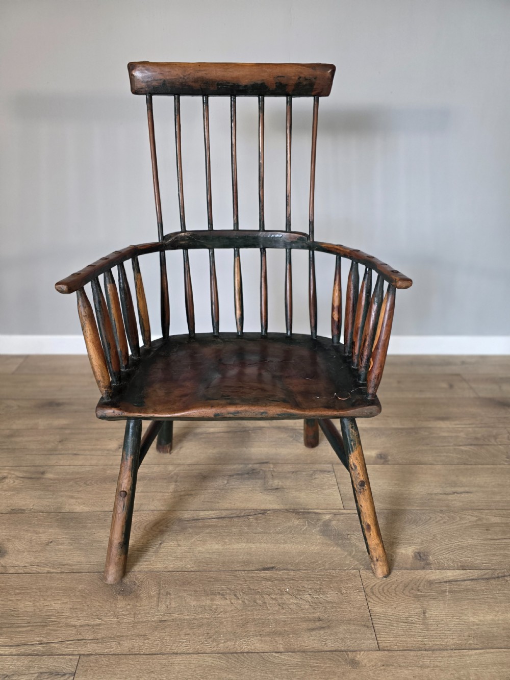primitive yew wood stick back windsor armchair