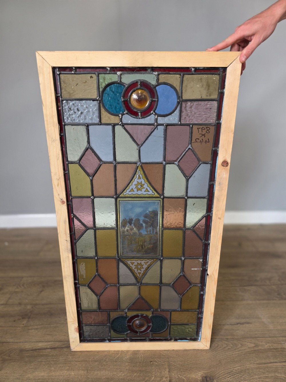 1900 antique leaded glass window with hand painted country farmhouse scene