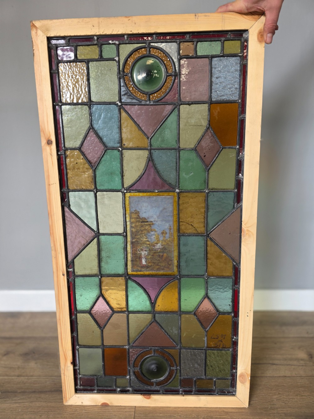 1900 antique leaded glass window with hand painted countryside scene