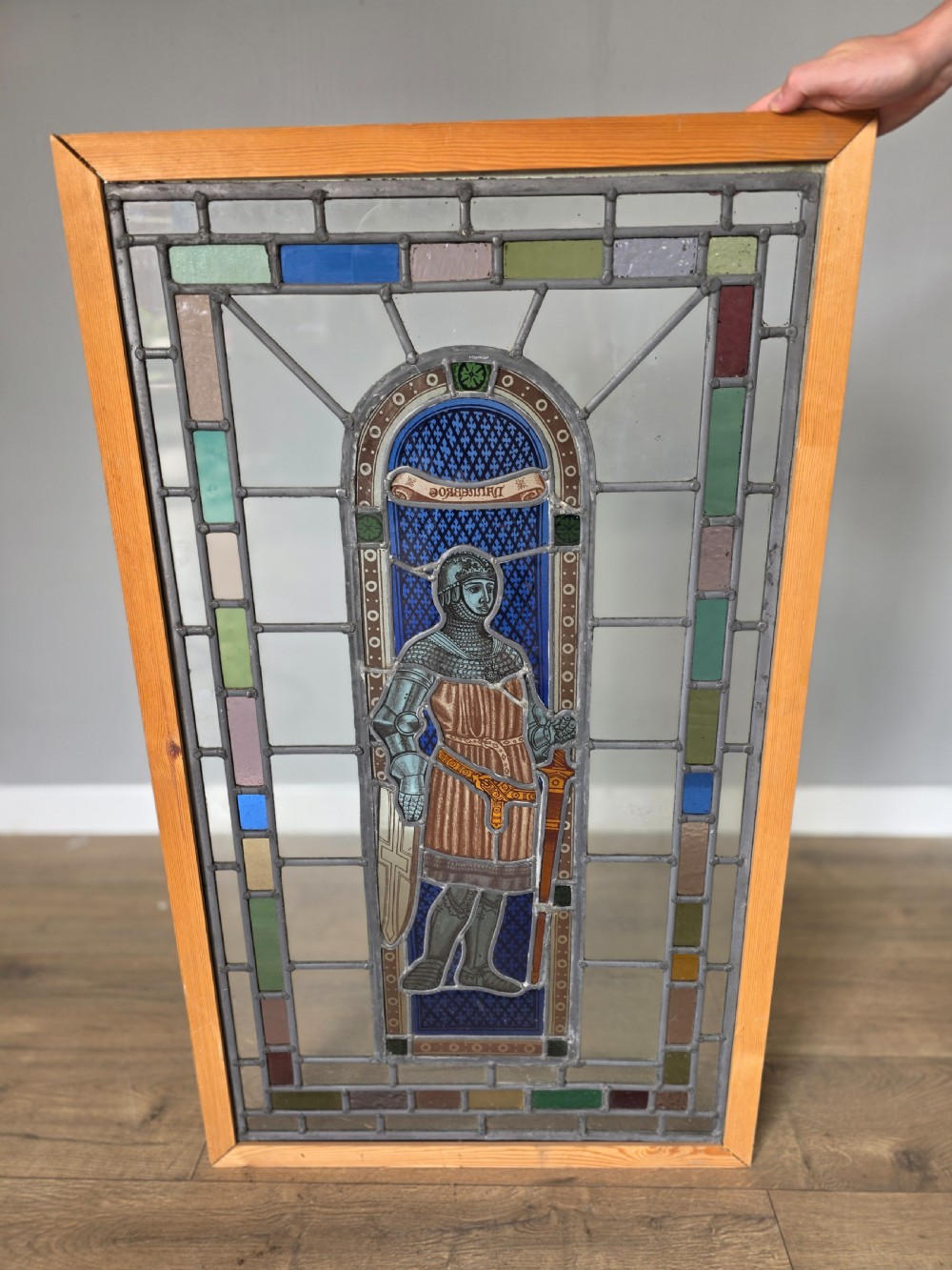 1900 antique leaded glass window with hand painted victorian knight in armour