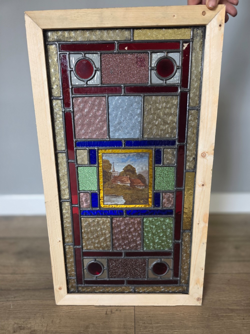 1900 antique leaded glass window with hand painted countryside scene