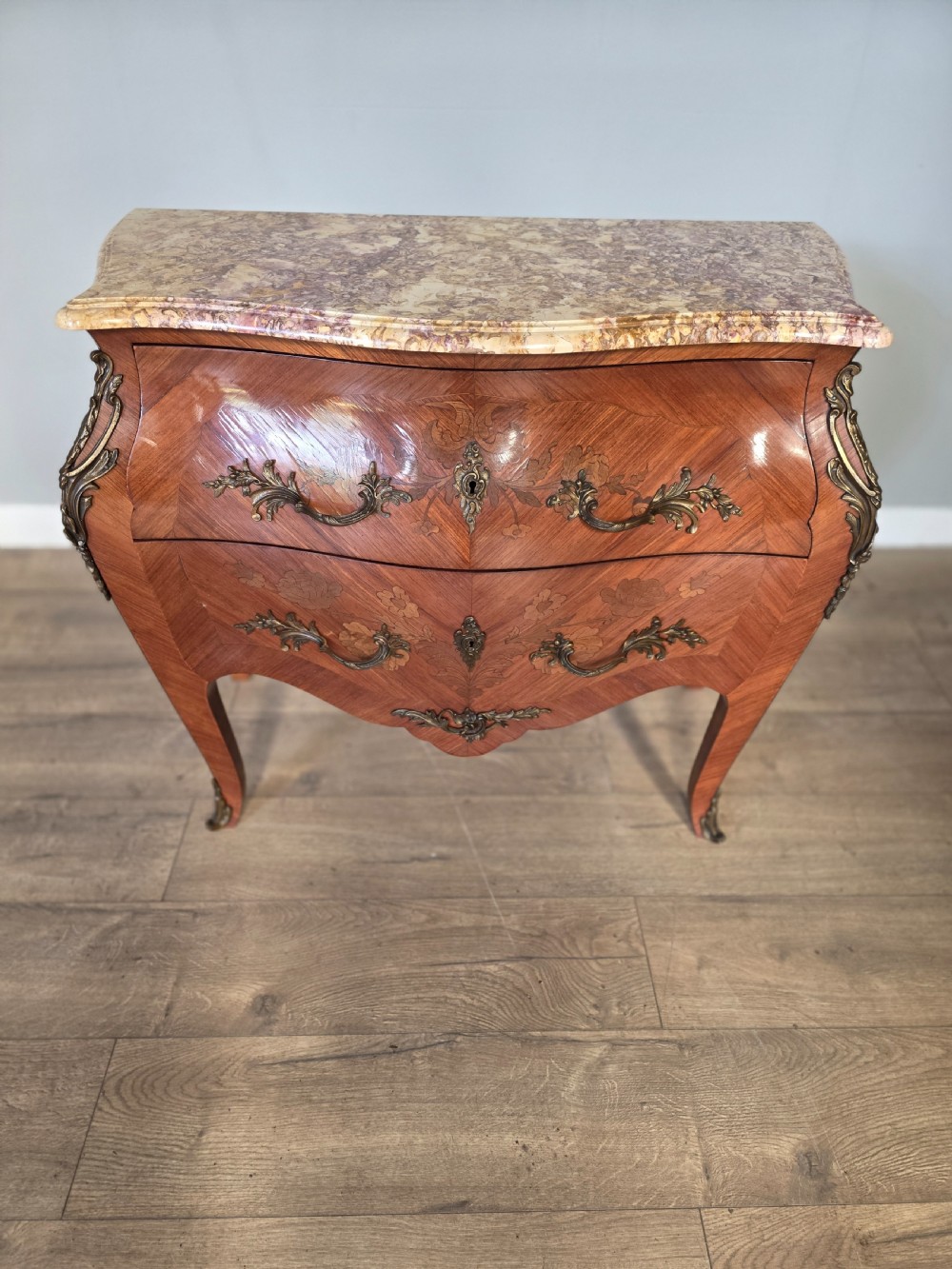 antique french inlaid marble top commodechest
