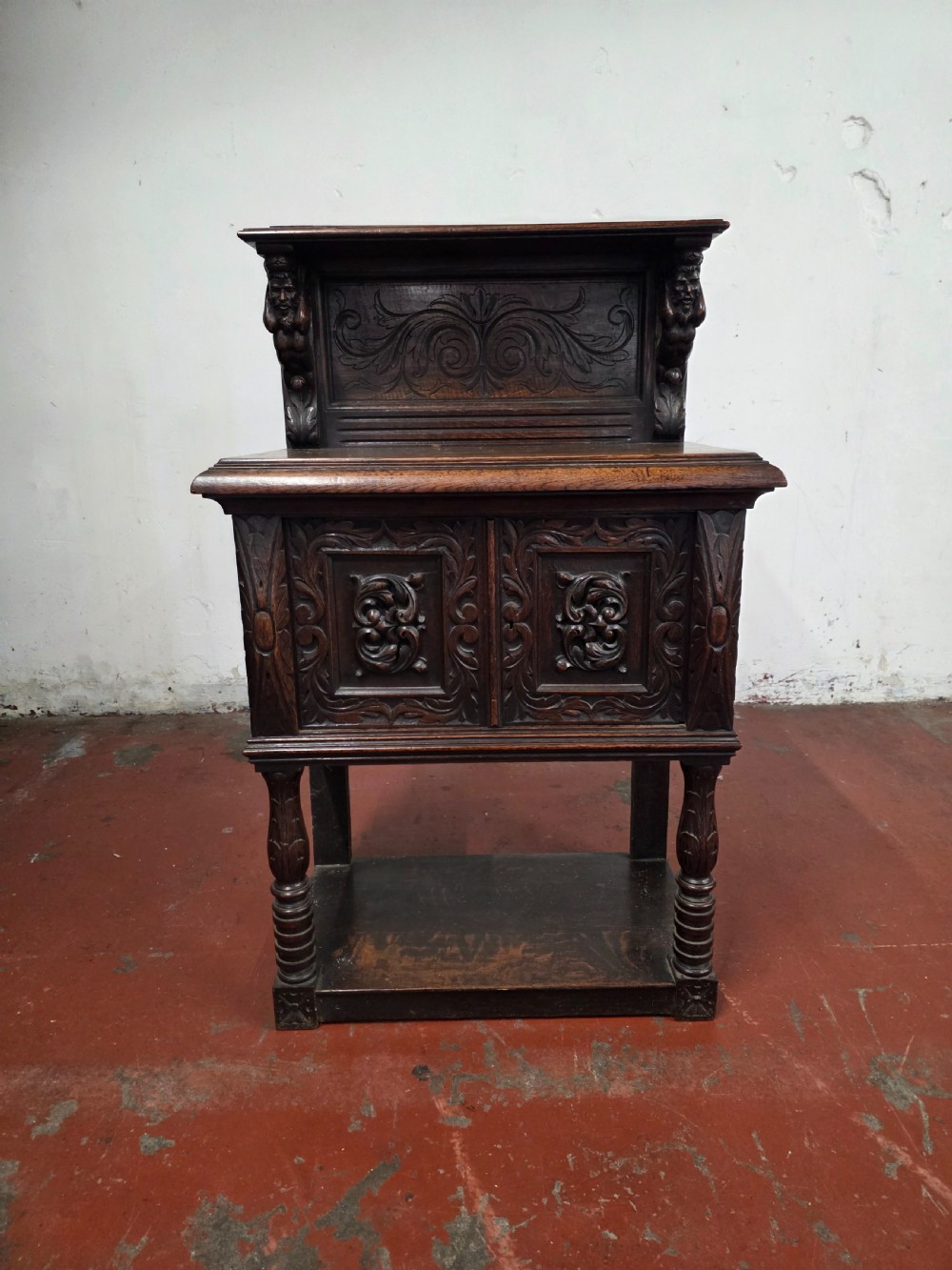 late victorian carved oak petite cupboardbuffet
