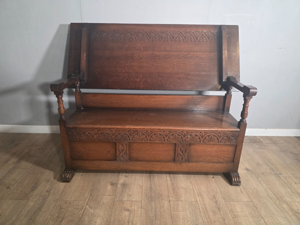 antique 1920s large oak carved hall bench