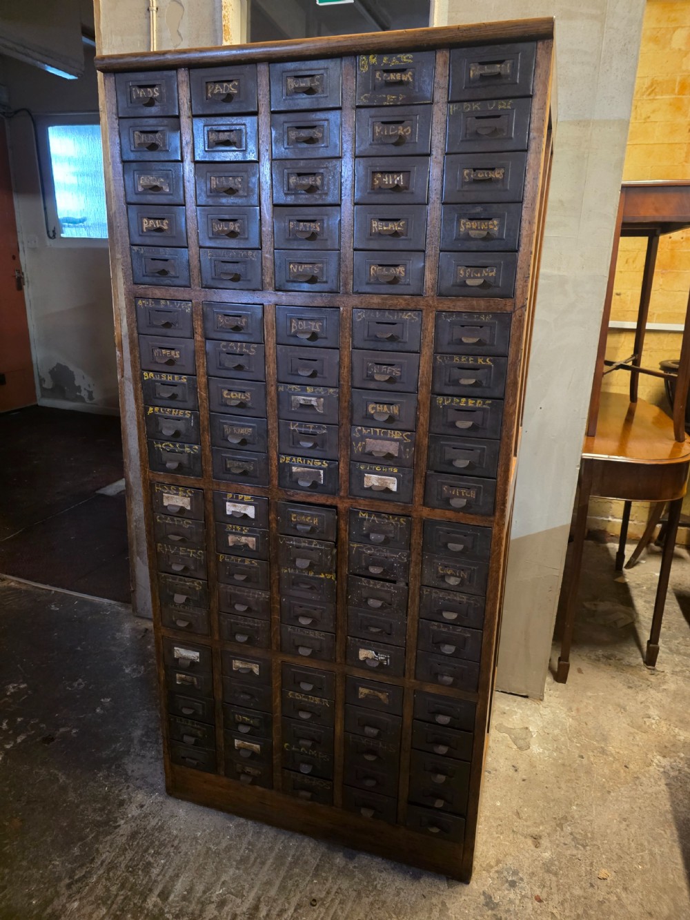antique multidrawer oak and steel cabinet 1920s