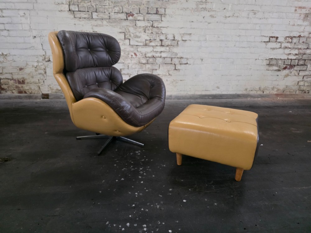 original midcentury 1970s lounge chair with footstool in leather