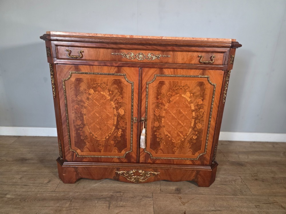 antique french marble top inlaid cupboard 1920s